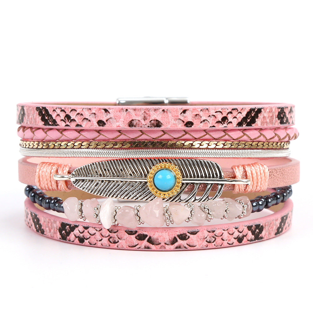 Wholesale Retro Ethnic Style Woven Turquoise Multi-layer Bohemian Magnet Buckle Feather Bracelet